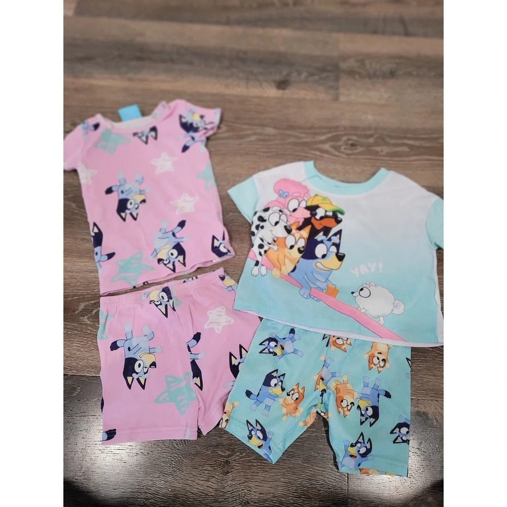 Disney Kids Bluey Pajama‎ Set 4T-4 Pink Aqua Characters Sleepwear Shorts #5